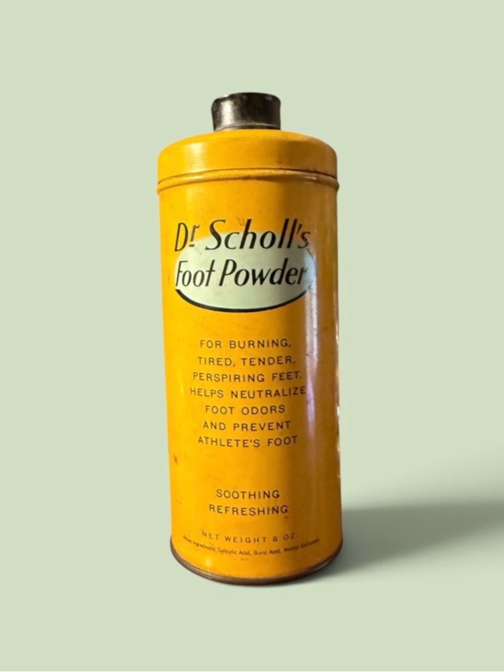 Vintage~Dr. Scholl's~Foot Powder~ Advertising Tin Canister~Yellow&Black~8 Ounces